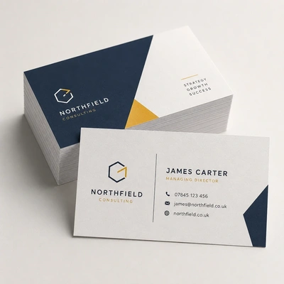 Business cards printed by Dipol Print, available on 350gsm or 450gsm silk stock with matt, gloss or velvet lamination and optional spot UV or foil embellishment.